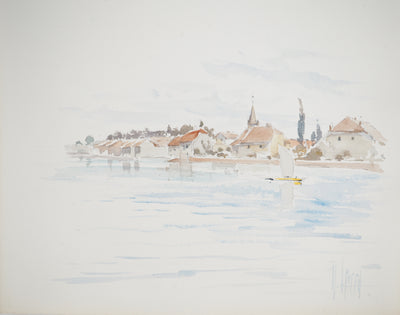 René LEVERD : Vol au-dessus du lac, Aquarelle originale signée