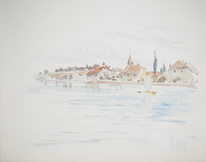 René LEVERD : Vol au-dessus du lac, Aquarelle originale signée