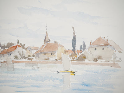 René LEVERD : Vol au-dessus du lac, Aquarelle originale signée