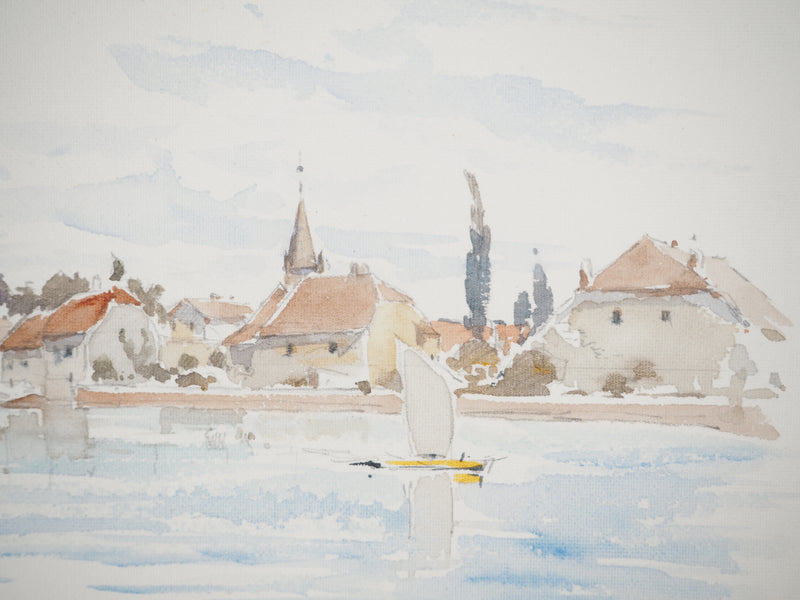 René LEVERD : Vol au-dessus du lac, Aquarelle originale signée