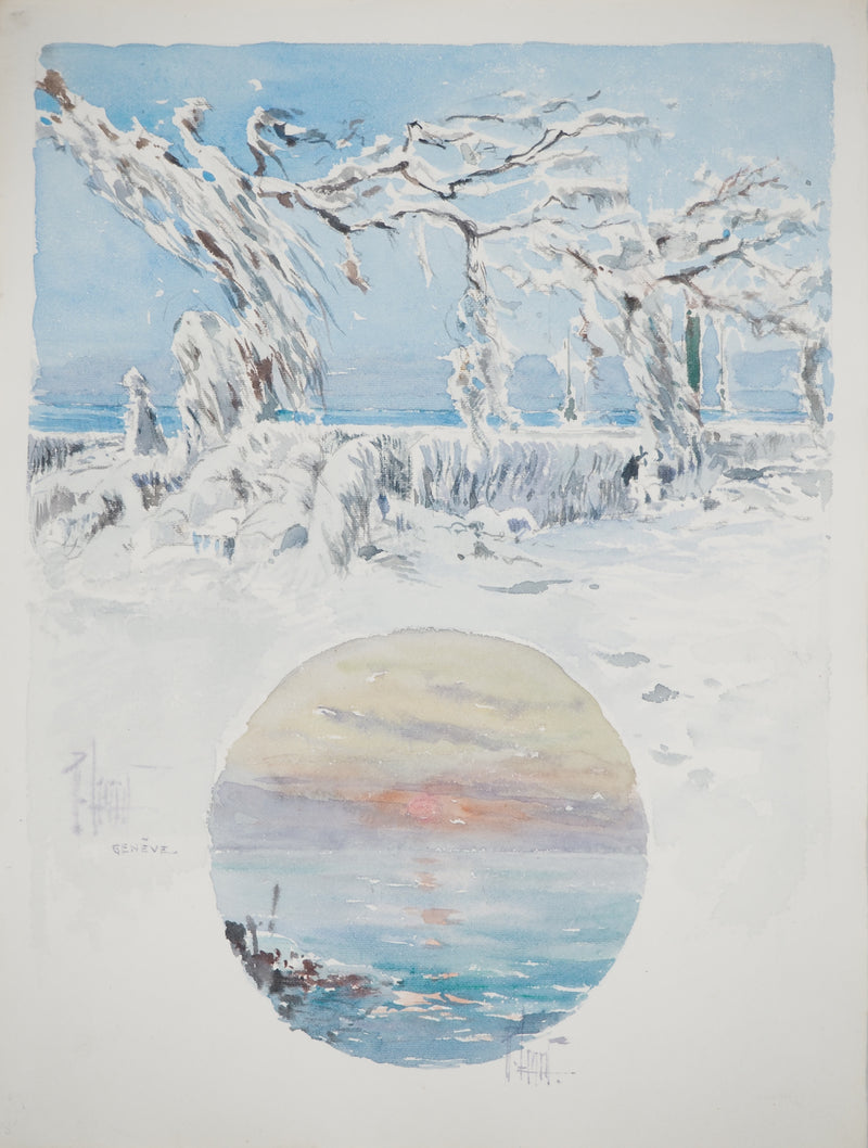 René LEVERD : Les branches enneigées, Aquarelle originale signée