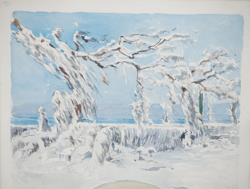 René LEVERD : Les branches enneigées, Aquarelle originale signée