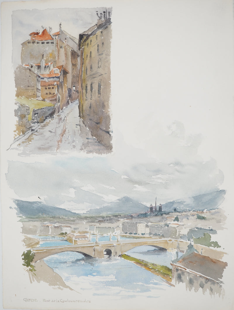 René LEVERD : Suisse, Pont de la Coulouvrenière à Genève, Aquarelle originale