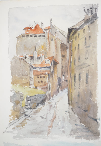 René LEVERD : Suisse, Pont de la Coulouvrenière à Genève, Aquarelle originale