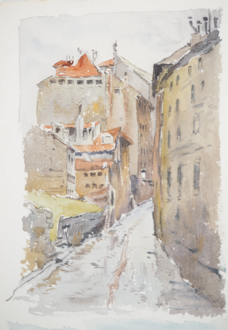 René LEVERD : Suisse, Pont de la Coulouvrenière à Genève, Aquarelle originale