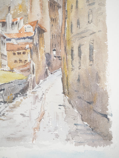 René LEVERD : Suisse, Pont de la Coulouvrenière à Genève, Aquarelle originale
