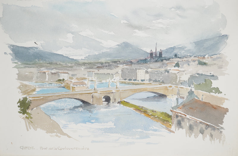 René LEVERD : Suisse, Pont de la Coulouvrenière à Genève, Aquarelle originale