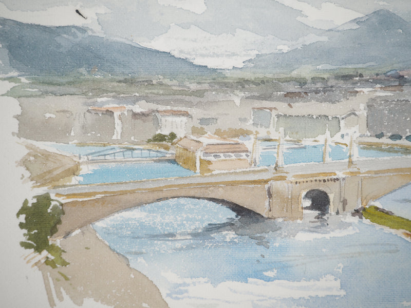 René LEVERD : Suisse, Pont de la Coulouvrenière à Genève, Aquarelle originale