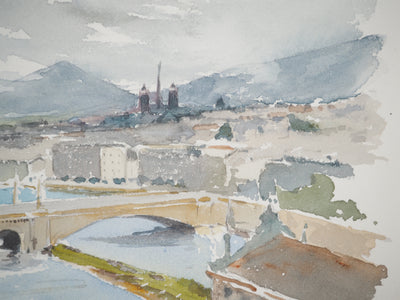 René LEVERD : Suisse, Pont de la Coulouvrenière à Genève, Aquarelle originale