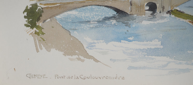 René LEVERD : Suisse, Pont de la Coulouvrenière à Genève, Aquarelle originale