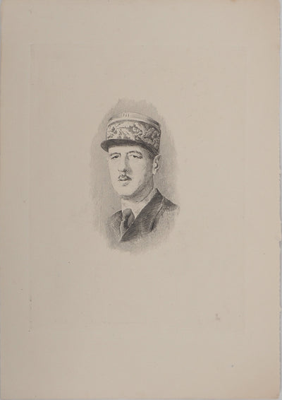 0ème siècle ECOLE : Portrait Charles De Gaulle, Gravure originale (vue générale) - Crédit photo : Galerie Art.Paris