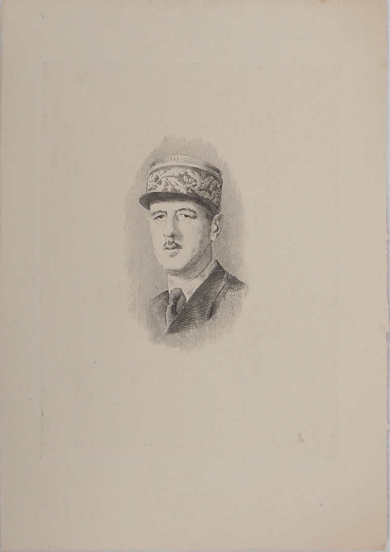 0ème siècle ECOLE : Portrait Charles De Gaulle, Gravure originale (vue générale) - Crédit photo : Galerie Art.Paris