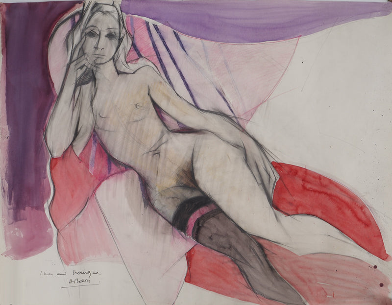 Camille HILAIRE : Nu à la jarretelle, Aquarelle originale signée