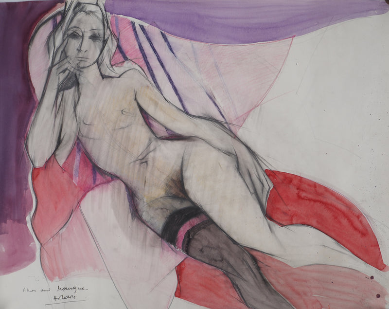 Camille HILAIRE : Nu à la jarretelle, Aquarelle originale signée