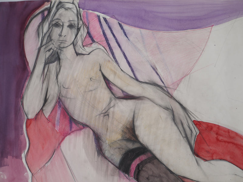 Camille HILAIRE : Nu à la jarretelle, Aquarelle originale signée