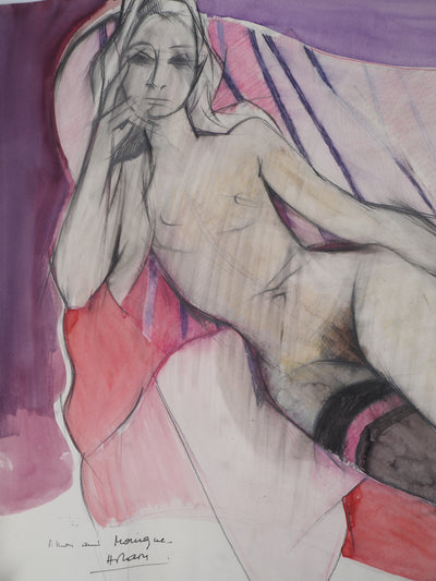Camille HILAIRE : Nu à la jarretelle, Aquarelle originale signée