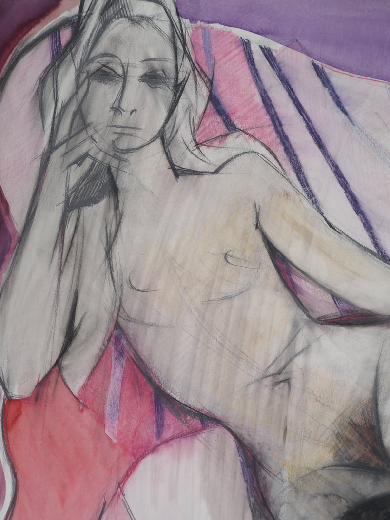 Camille HILAIRE : Nu à la jarretelle, Aquarelle originale signée