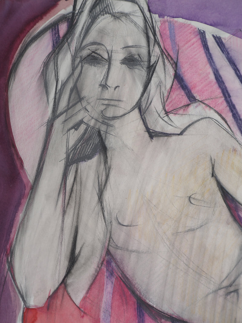 Camille HILAIRE : Nu à la jarretelle, Aquarelle originale signée
