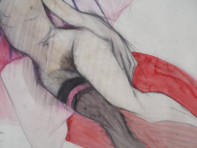 Camille HILAIRE : Nu à la jarretelle, Aquarelle originale signée