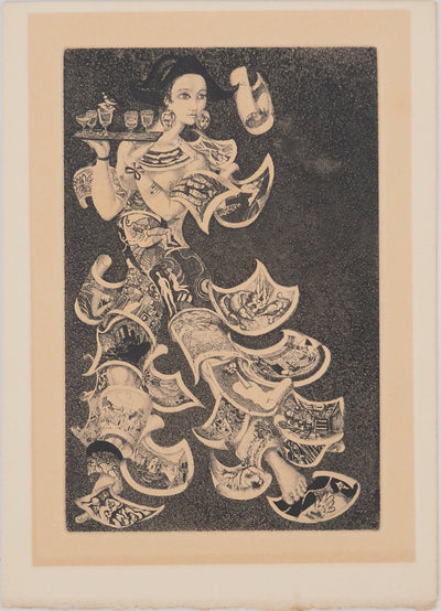 Jacques HOUPLAIN : Femme au plateau, Gravure originale (vue générale) - Crédit photo : Galerie Art.Paris