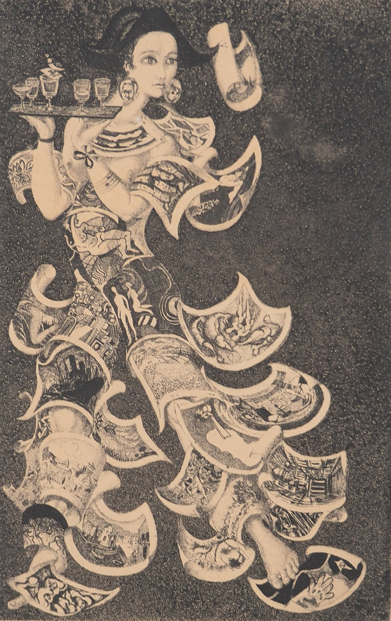 Jacques HOUPLAIN : Femme au plateau, Gravure originale (photo de détail 2) - Crédit photo : Galerie Art.Paris