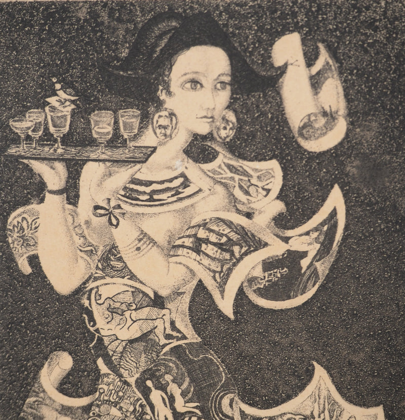 Jacques HOUPLAIN : Femme au plateau, Gravure originale (photo de détail 3) - Crédit photo : Galerie Art.Paris