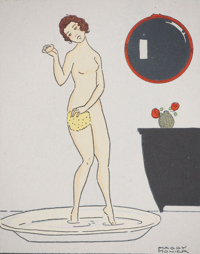 Maggy MONIER : Art Déco : Jeune femme prenant son bain, c, Lithographie originale (vue générale) - Crédit photo : Galerie Art.Paris