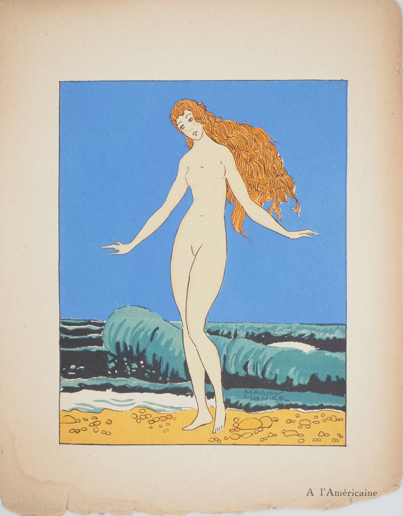 Maggy MONIER : Art Déco : Jeune fille rousse en bord de mer, c, Lithographie originale (vue générale) - Crédit photo : Galerie Art.Paris