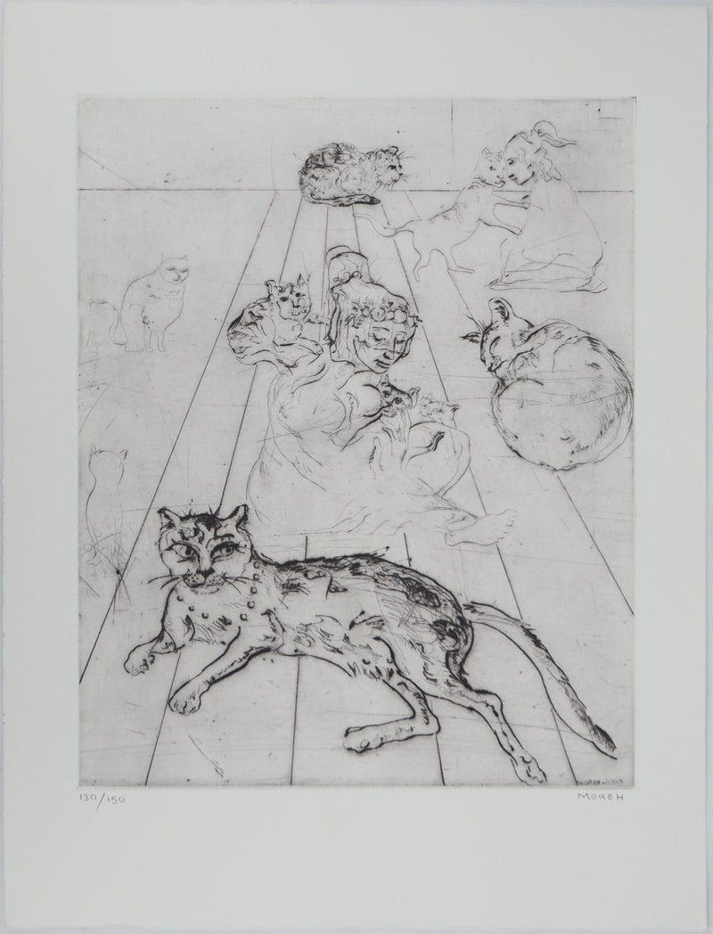 Mordecaï MOREH : Les chats , Gravure originale (vue générale) - Crédit photo : Galerie Art.Paris