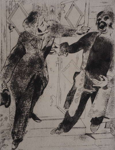 Marc CHAGALL : Les deux compères (Manilov et Tchitchikov sur le seuil de la porte), Gravure originale (photo de détail 3) - Crédit photo : Galerie Art.Paris