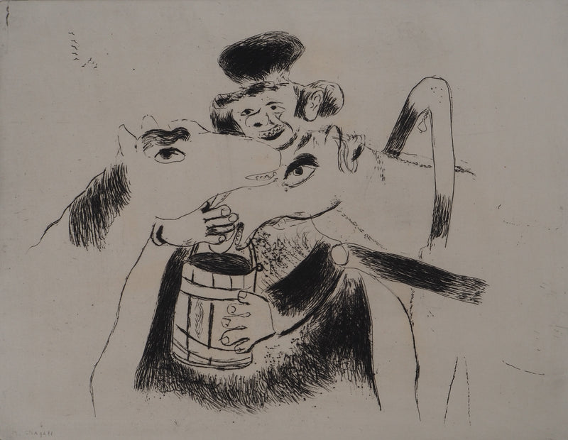 Marc CHAGALL : Le cocher et ses chevaux (Le cocher donne à manger à ses chevaux), Gravure originale (photo de détail 3) - Crédit photo : Galerie Art.Paris