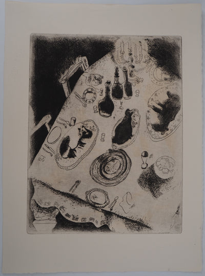 Marc CHAGALL : Une table de fête (La table chargée de victuailles), Gravure originale (vue générale) - Crédit photo : Galerie Art.Paris