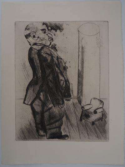 Marc CHAGALL : Le géant et le petit fauteuil ( Sobakevitch près du fauteuil), Gravure originale (vue générale) - Crédit photo : Galerie Art.Paris