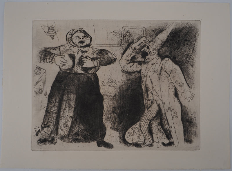 Marc CHAGALL : La dispute (Dispute de Pliouchkine et de Mavra), Gravure originale (vue générale) - Crédit photo : Galerie Art.Paris