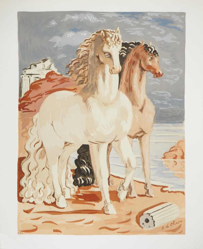 Giorgio De CHIRICO : Couple de chevaux dans un paysage mythologique, Lithographie et pochoir signée