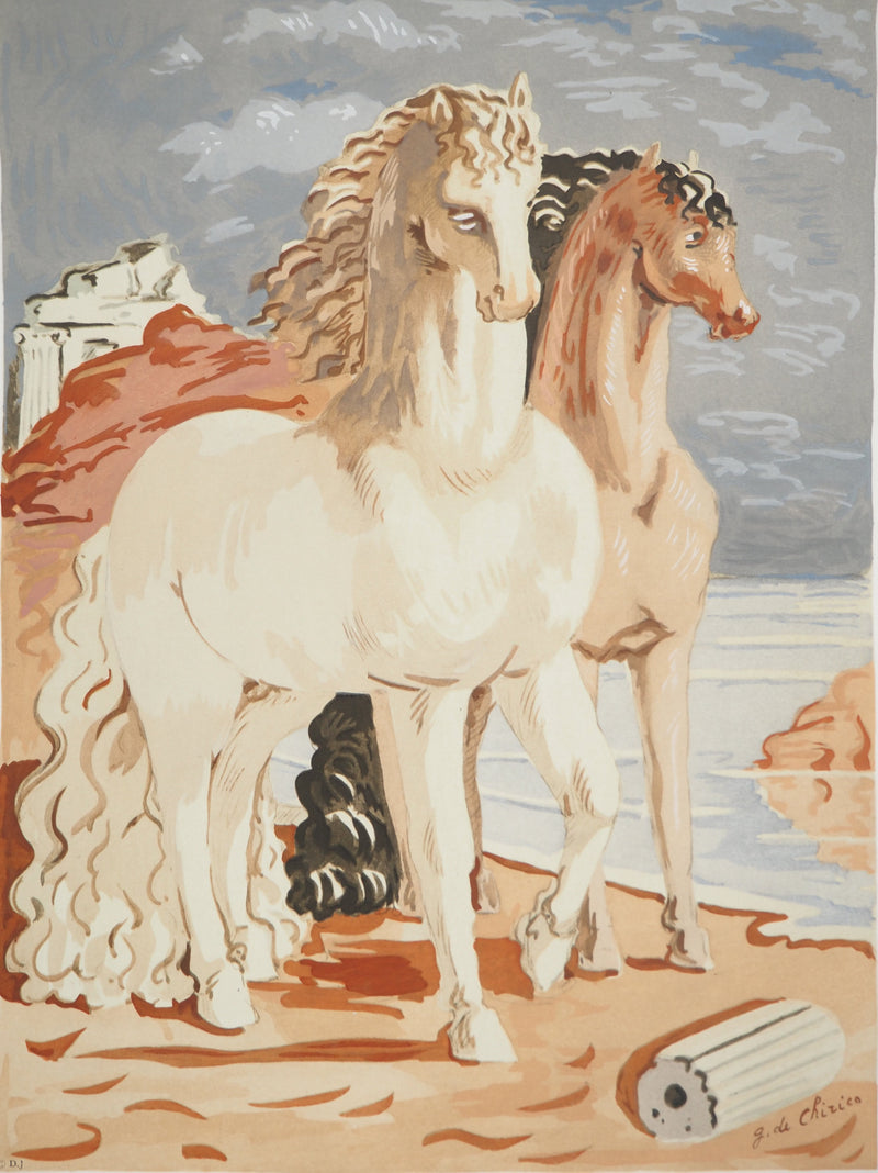 Giorgio De CHIRICO : Couple de chevaux dans un paysage mythologique, Lithographie et pochoir signée