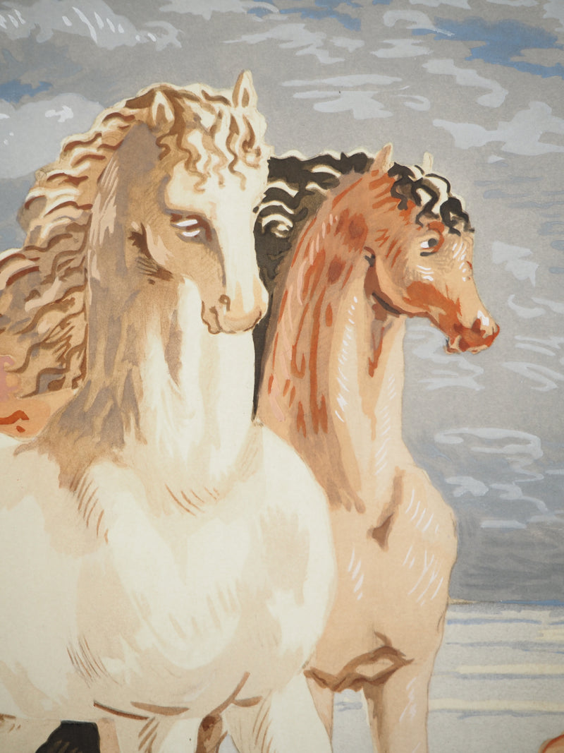 Giorgio De CHIRICO : Couple de chevaux dans un paysage mythologique, Lithographie et pochoir signée