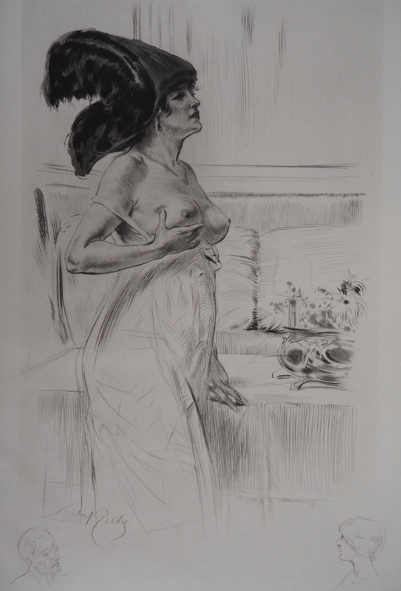 Alméry LOBEL-RICHE : Femme se touchant le sein, Gravure originale signée