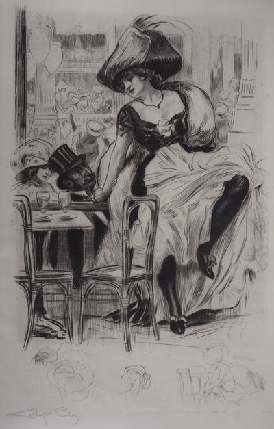Alméry LOBEL-RICHE : Séduction au bistrot, Gravure originale signée