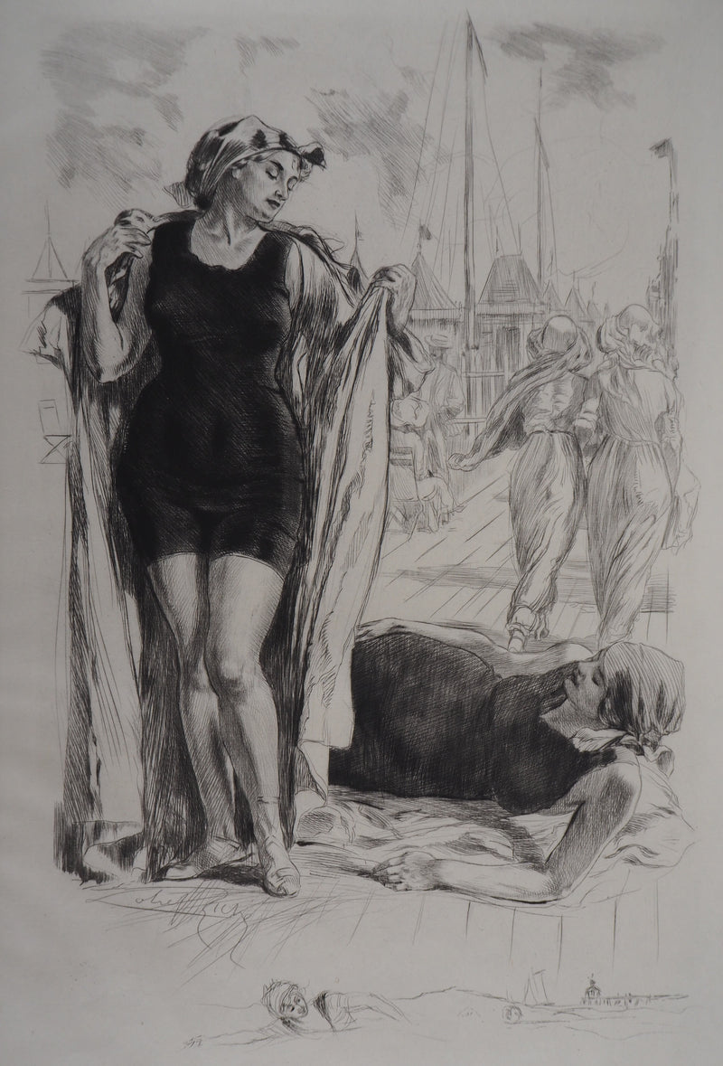 Alméry LOBEL-RICHE : Les baigneuses, Gravure originale signée