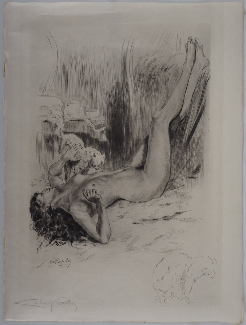 Alméry LOBEL-RICHE : Nue contre le lit, Gravure originale signée