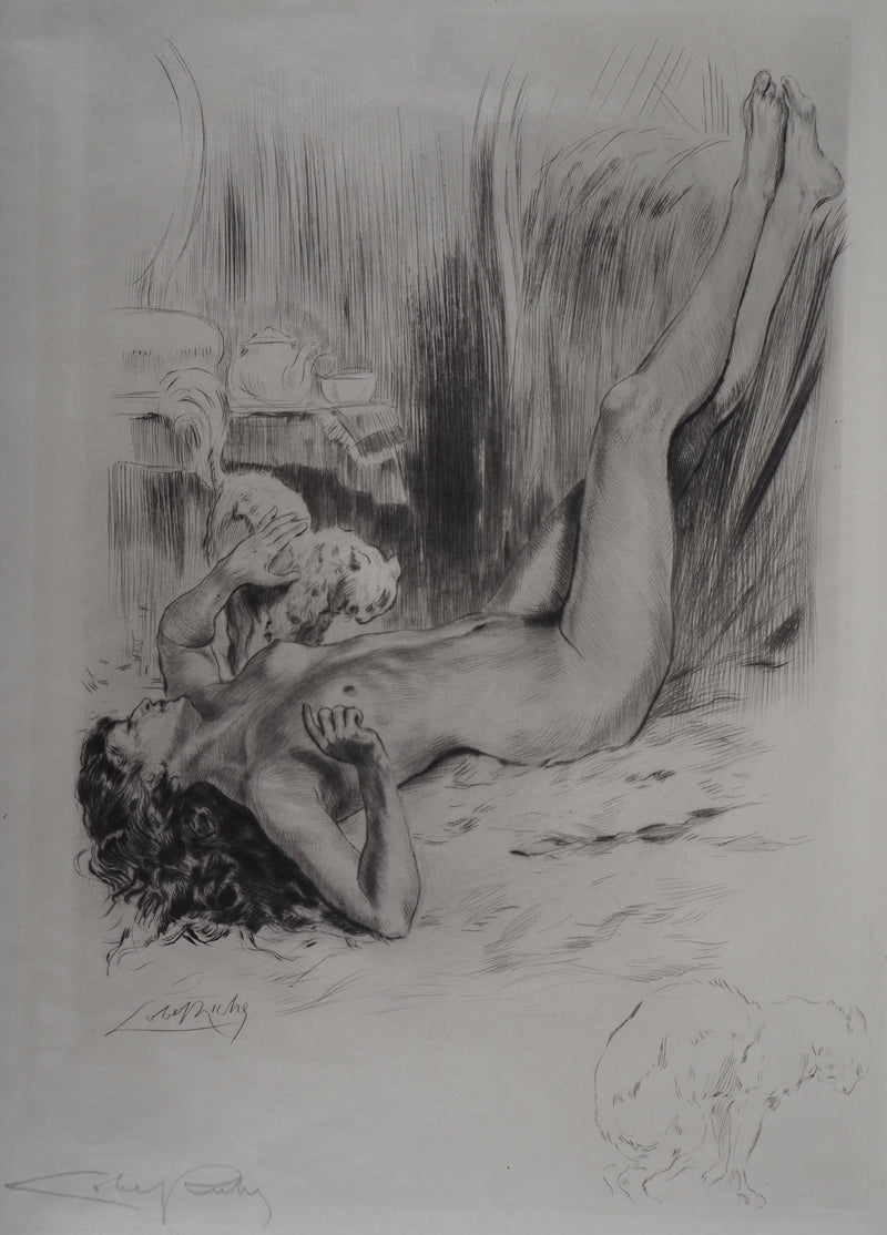 Alméry LOBEL-RICHE : Nue contre le lit, Gravure originale signée