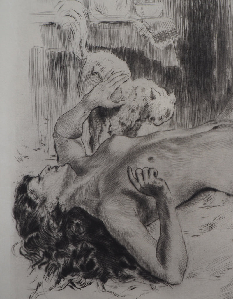 Alméry LOBEL-RICHE : Nue contre le lit, Gravure originale signée
