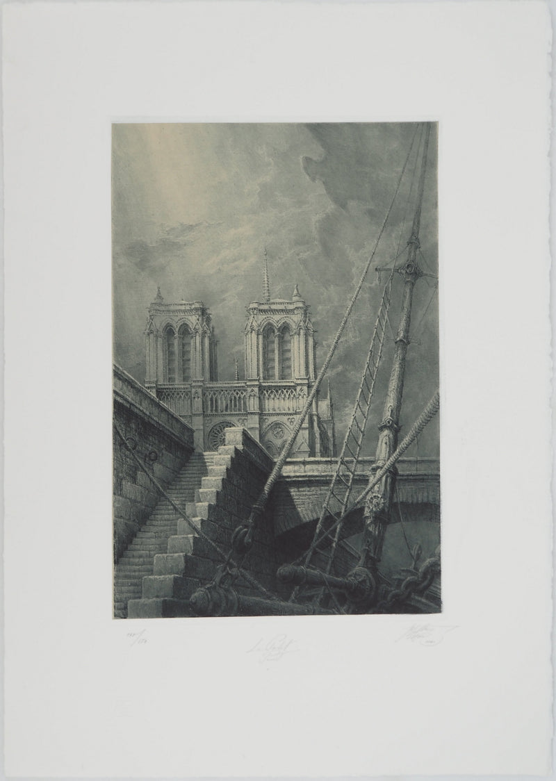 Jean-Michel MATHIEUX-MARIE : Le Petit Pont, Notre-Dame de Paris, Gravure originale (vue générale) - Crédit photo : Galerie Art.Paris