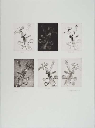 Michel RONCEREL : Six têtes de violon, Gravure originale (vue générale) - Crédit photo : Galerie Art.Paris