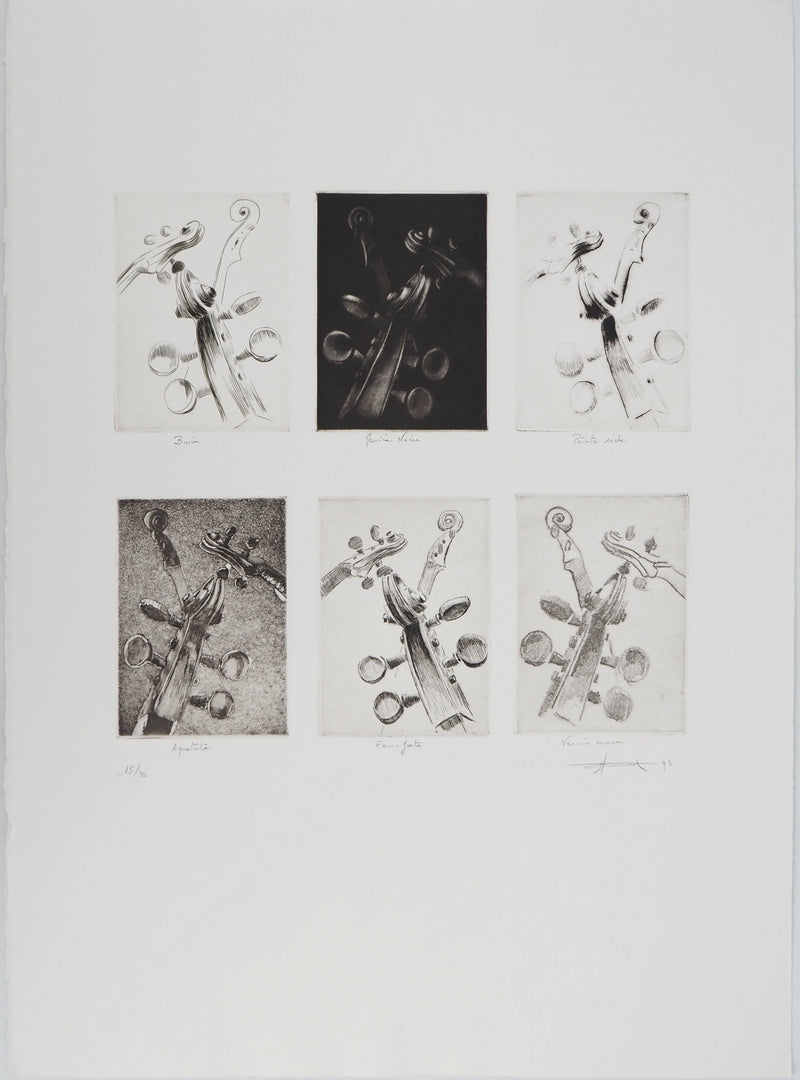 Michel RONCEREL : Six têtes de violon, Gravure originale (vue générale) - Crédit photo : Galerie Art.Paris