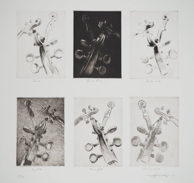 Michel RONCEREL : Six têtes de violon, Gravure originale (photo de détail 3) - Crédit photo : Galerie Art.Paris