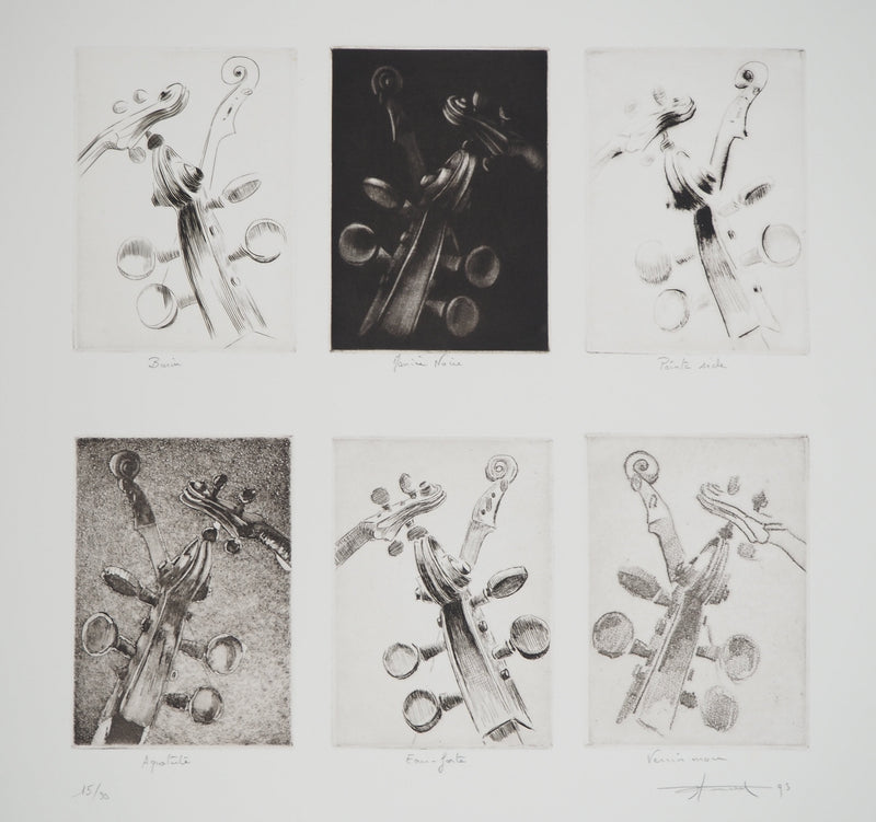 Michel RONCEREL : Six têtes de violon, Gravure originale (photo de détail 3) - Crédit photo : Galerie Art.Paris