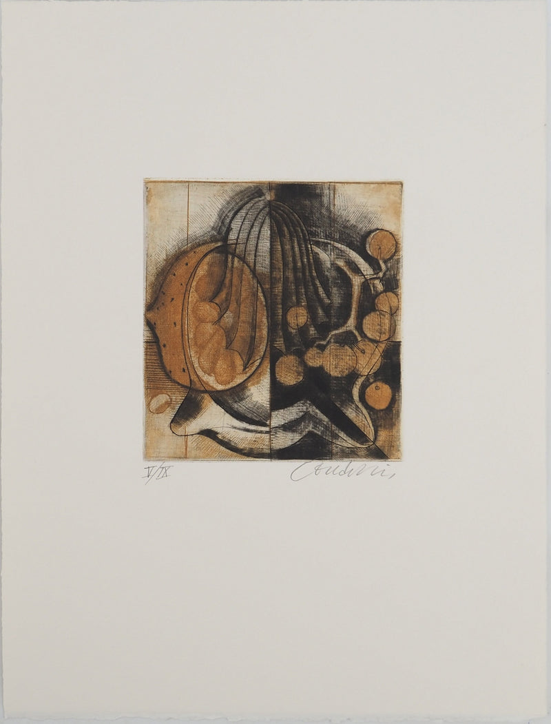 Brigitte COUDRAIN : Nature morte aux fruits, Gravure originale (vue générale) - Crédit photo : Galerie Art.Paris