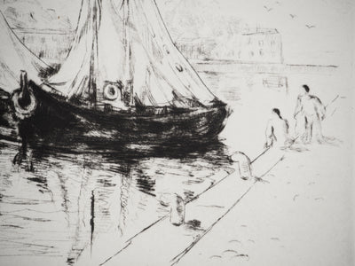 Jean-Eugène BERSIER : Bateaux sur le port, Gravure originale (photo de détail 4) - Crédit photo : Galerie Art.Paris